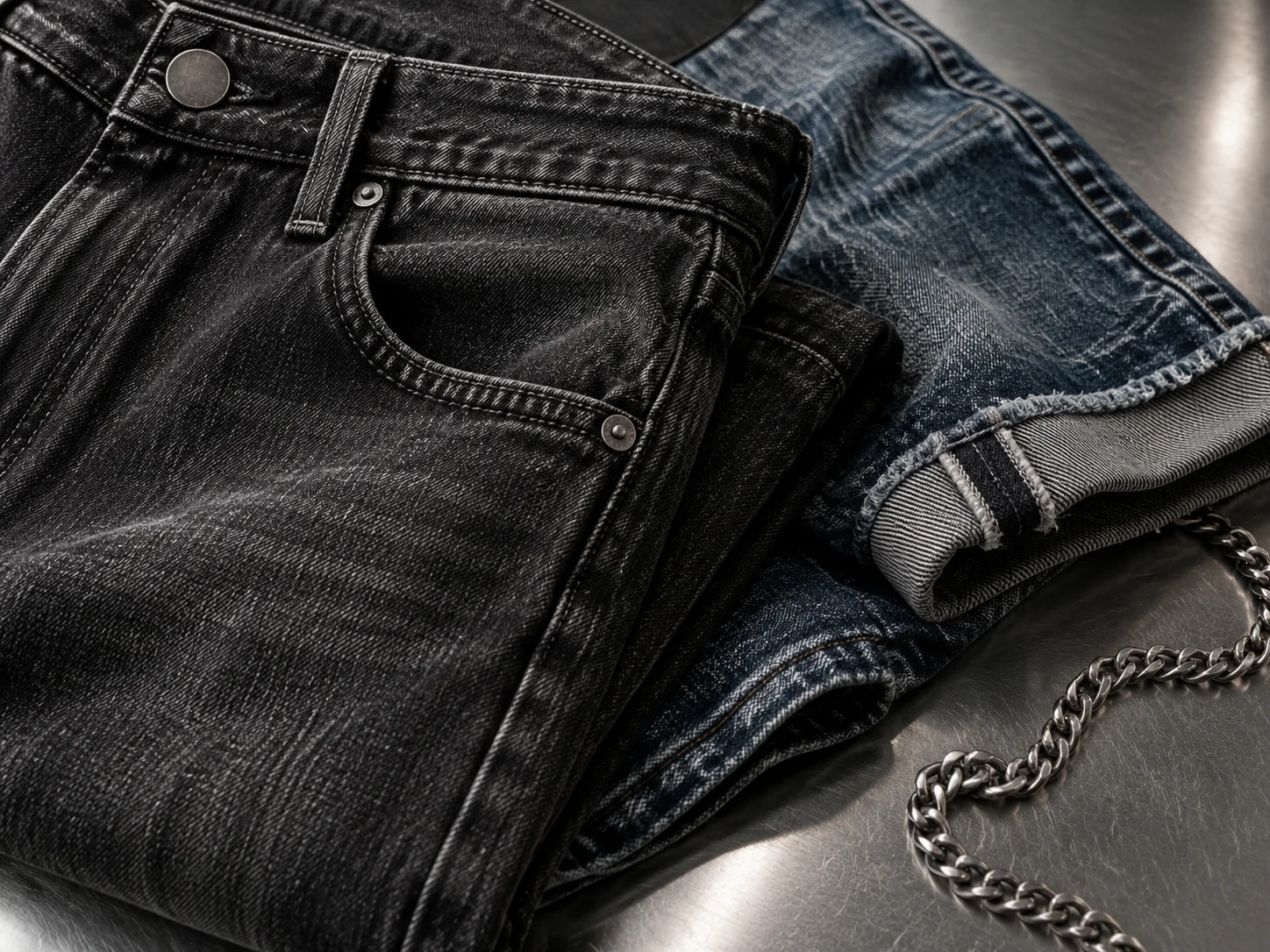 Close-up of dark washed denim, stitching and metal details