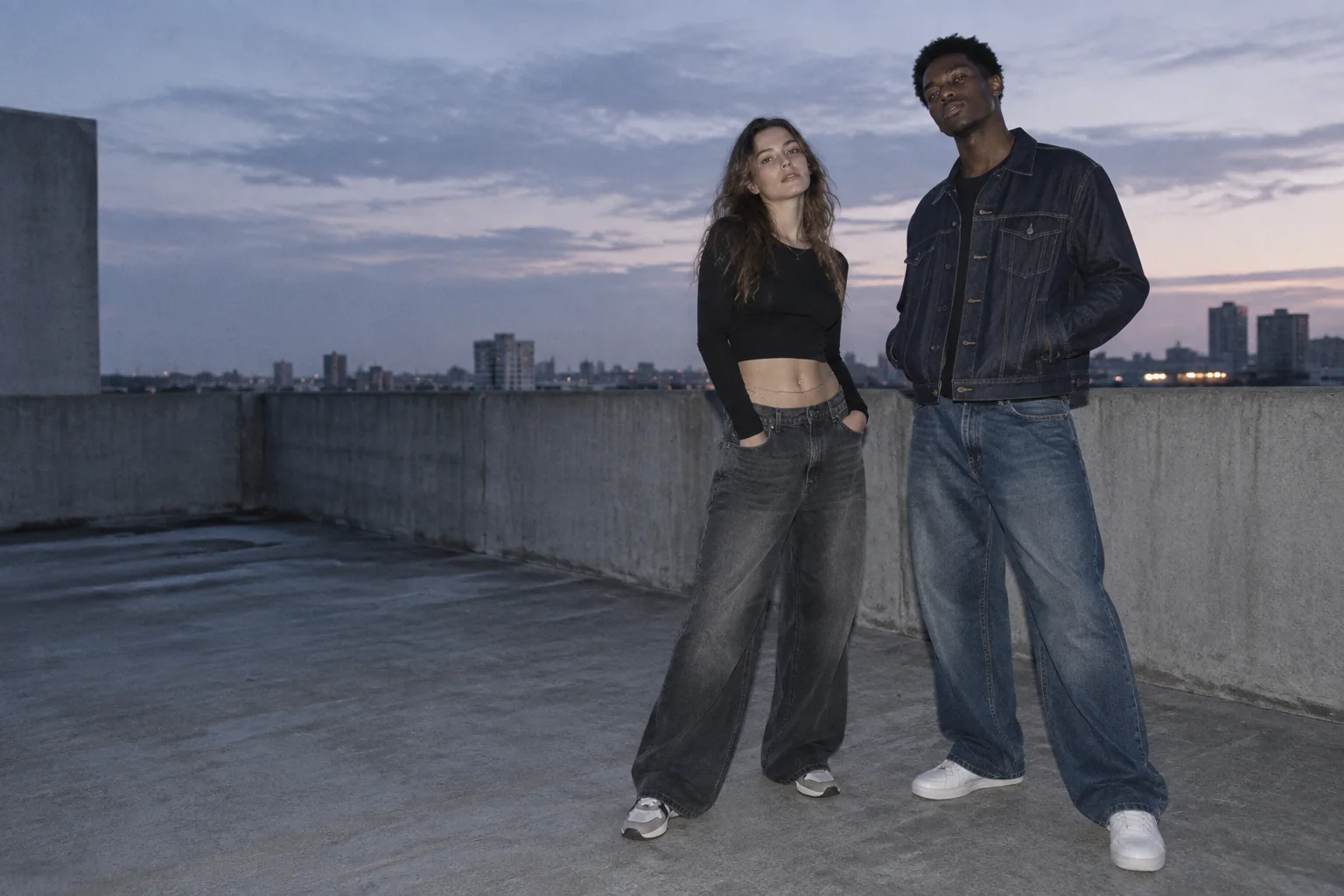 Two models wearing relaxed DEPOJEANS denim at dusk